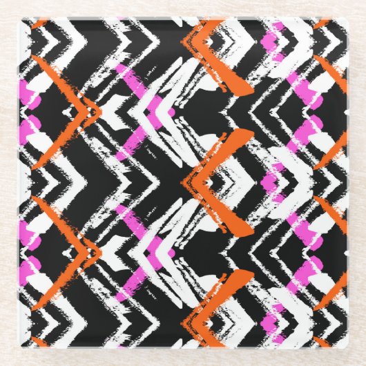黒く、オレンジ、およびピンクの手描きの矢パターン ガラスコースター (正面)