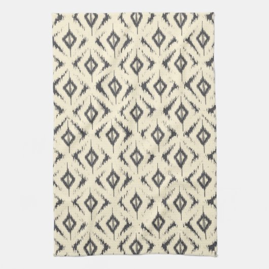 黒く、クリーム色のイカットのダイヤモンド キッチンタオル (縦)