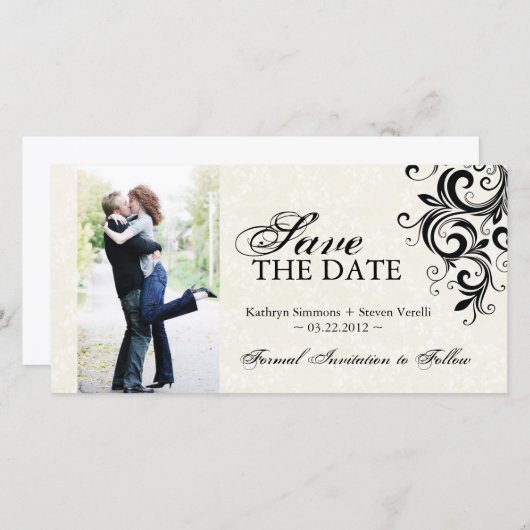 黒く、クリーム色の写真の保存日付の招待状 セーブザデート (正面/裏面)