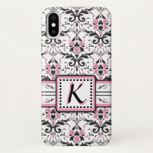 黒く、ピンクのダマスク織のモノグラム iPhone X ケース