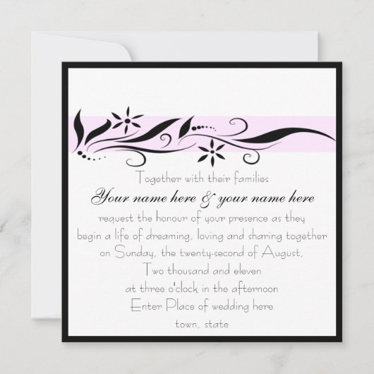 黒く、ピンクの花の正方形の結婚式招待状 招待状 (正面)