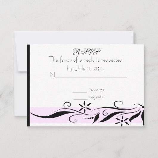 黒く、ピンクの花柄RSVPカード 出欠カード (正面)