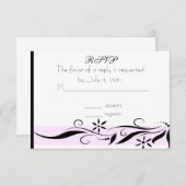 黒く、ピンクの花柄RSVPカード 出欠カード (正面/裏面)