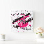 黒く、ピンク及び白熱のハイヒール スクエア壁時計 (ホーム)