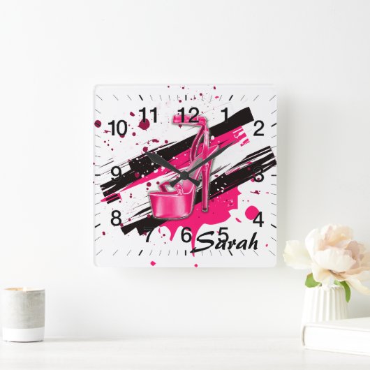 黒く、ピンク及び白熱のハイヒール スクエア壁時計 (ホーム)
