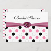 黒く、ピンク、白い水玉模様のブライダルシャワー 招待状 (正面/裏面)