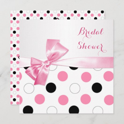黒く、ピンク、白い水玉模様のブライダルシャワー 招待状 (正面/裏面)