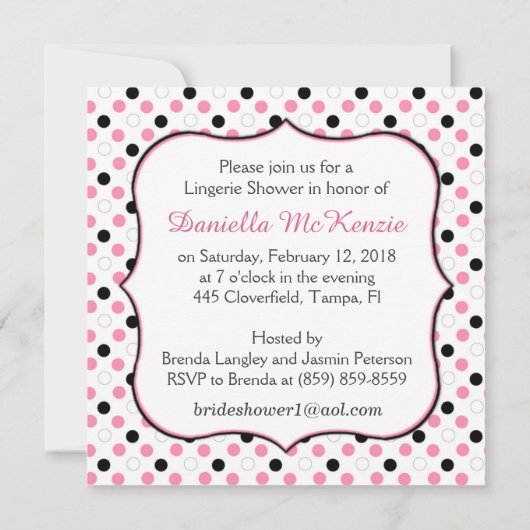 黒く、ピンク、白い水玉模様のブライダルシャワー 招待状 (裏面)