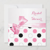 黒く、ピンク、白い水玉模様のブライダルシャワー 招待状 (正面)