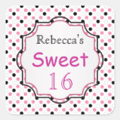 黒く、ピンク、白い水玉模様の菓子16のステッカー スクエアシール (正面)