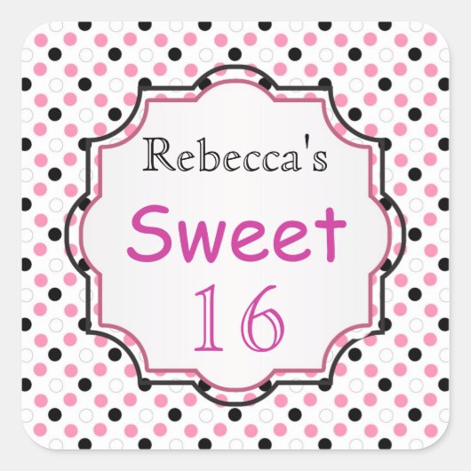 黒く、ピンク、白い水玉模様の菓子16のステッカー スクエアシール (正面)