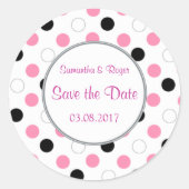 黒く、ピンク、白い水玉模様は日付を救います ラウンドシール (正面)