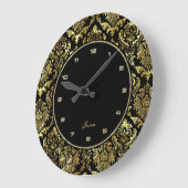 黒く、フェイクな金ゴールドの花柄のダマスク織 ラージ壁時計 (傾斜)