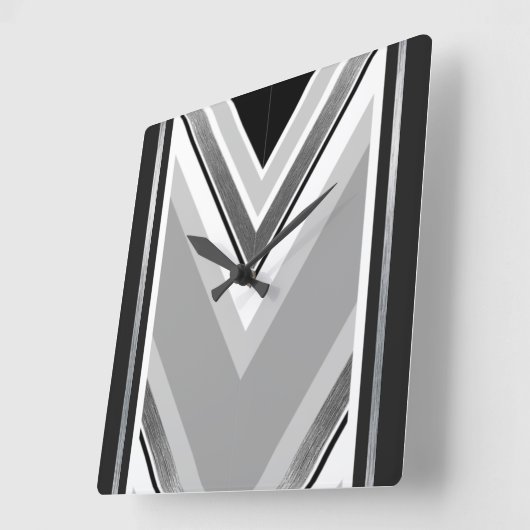 黒く、灰色、および白い斜めの金属ストライプの スクエア壁時計 (傾斜)