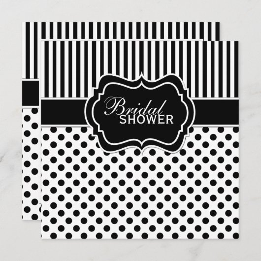 黒く、白い水玉模様のストライプのブライダルシャワーの招待 招待状 (正面/裏面)