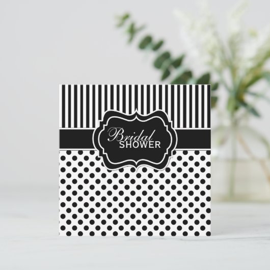 黒く、白い水玉模様のストライプのブライダルシャワーの招待 招待状 (スタンド正面)
