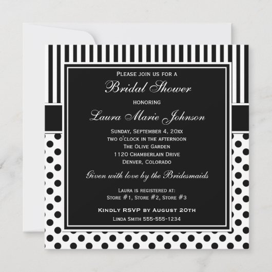 黒く、白い水玉模様のストライプのブライダルシャワーの招待 招待状 (裏面)