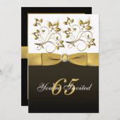 黒く、白い、および金ゴールドの花柄の第65誕生日の招待 招待状 (正面/裏面)