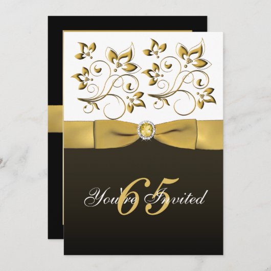 黒く、白い、および金ゴールドの花柄の第65誕生日の招待 招待状 (正面/裏面)