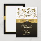 黒く、白い、および金ゴールドの花柄はノート感謝していしています サンキューカード (正面/裏面)