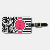 黒く、白い、ピンクのストライプのなダマスク織の荷物のラベル ラゲッジタグ (正面横)
