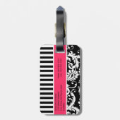 黒く、白い、ピンクのストライプのなダマスク織の荷物のラベル ラゲッジタグ (裏面縦)
