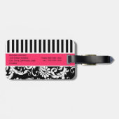 黒く、白い、ピンクのストライプのなダマスク織の荷物のラベル ラゲッジタグ (裏面横)