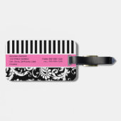 黒く、白い、ピンクのストライプのなダマスク織の荷物のラベル ラゲッジタグ (裏面横)
