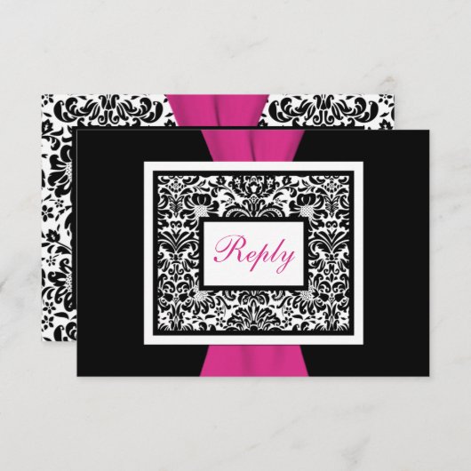 黒く、白い、ピンクのダマスク織によって印刷されるリボンRSVP 出欠カード (正面/裏面)