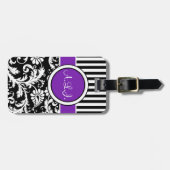 黒く、白い、紫色のストライプのなダマスク織の荷物のラベル ラゲッジタグ (正面横)