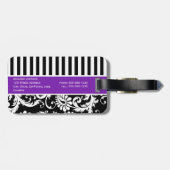 黒く、白い、紫色のストライプのなダマスク織の荷物のラベル ラゲッジタグ (裏面横)