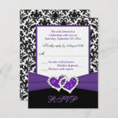 黒く、白い、紫色のダマスク織及びハートの応答カード 出欠カード (正面/裏面)