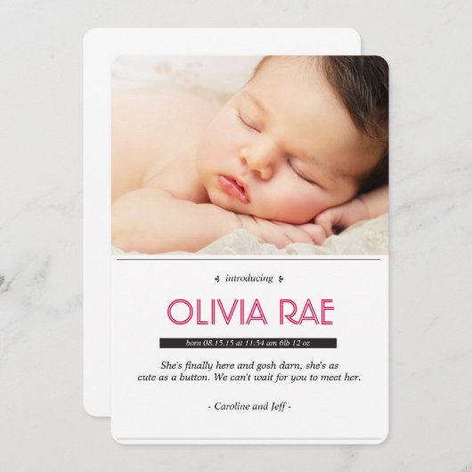 黒く、白およびピンクのベビーの発表 案内状 (正面/裏面)