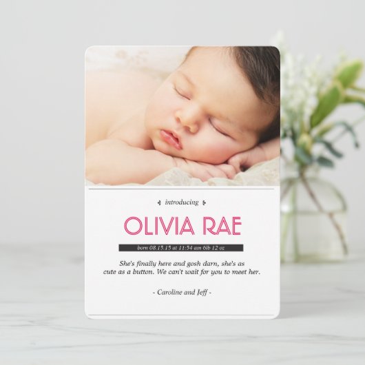 黒く、白およびピンクのベビーの発表 案内状 (スタンド正面)