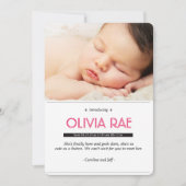 黒く、白およびピンクのベビーの発表 案内状 (正面)