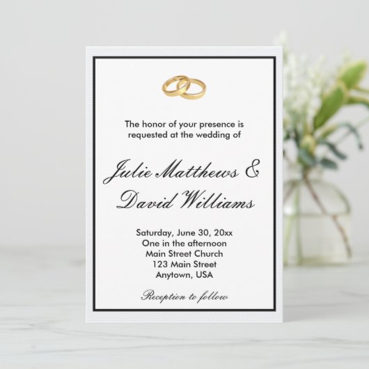 黒く、白および金ゴールドの結婚指輪の招待状 招待状 (スタンド正面)