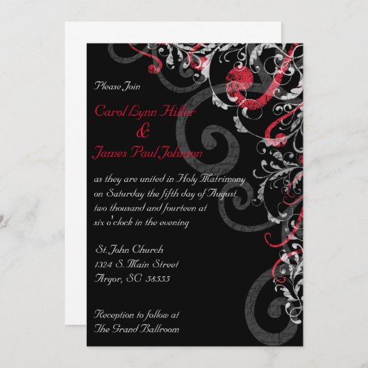 黒く、白くおよび赤い結婚式招待状 招待状 (正面/裏面)