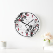 黒く、白く、および赤いアジア花の柱時計 ラージ壁時計 (ホーム)