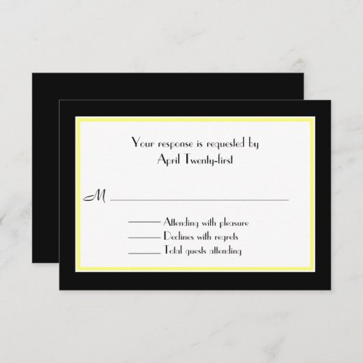 黒く、白く、及び黄色の結婚RSVPカード 出欠カード (正面/裏面)