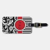 黒く、白く、赤くストライプのなダマスク織の荷物のラベル ラゲッジタグ (正面横)