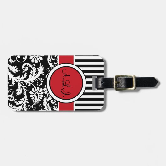 黒く、白く、赤くストライプのなダマスク織の荷物のラベル ラゲッジタグ (正面横)