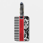 黒く、白く、赤くストライプのなダマスク織の荷物のラベル ラゲッジタグ (裏面縦)