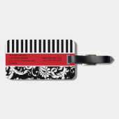 黒く、白く、赤くストライプのなダマスク織の荷物のラベル ラゲッジタグ (裏面横)