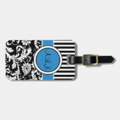 黒く、白く、青のストライプのなダマスク織の荷物のラベル ラゲッジタグ (正面横)