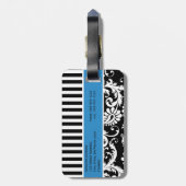 黒く、白く、青のストライプのなダマスク織の荷物のラベル ラゲッジタグ (裏面縦)
