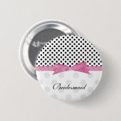 黒く、白人、ピンクの水玉模様の結婚式の新婦付添人 缶バッジ (正面&裏面)