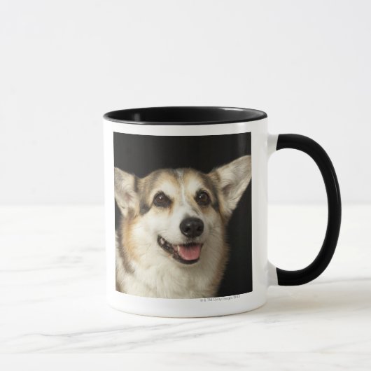 黒く、茶色および白いコーギーのポートレート マグカップ (右)