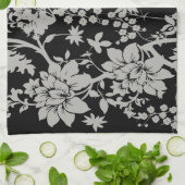 黒く、銀製の塵の花柄パターン キッチンタオル (折り畳み)