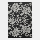 黒く、銀製の塵の花柄パターン キッチンタオル (縦)