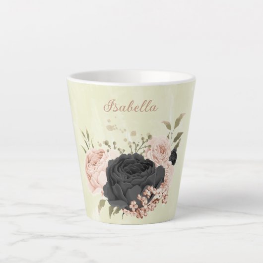 黒ずんだ ほのかなピンクの花 カフェラテマグ (正面)